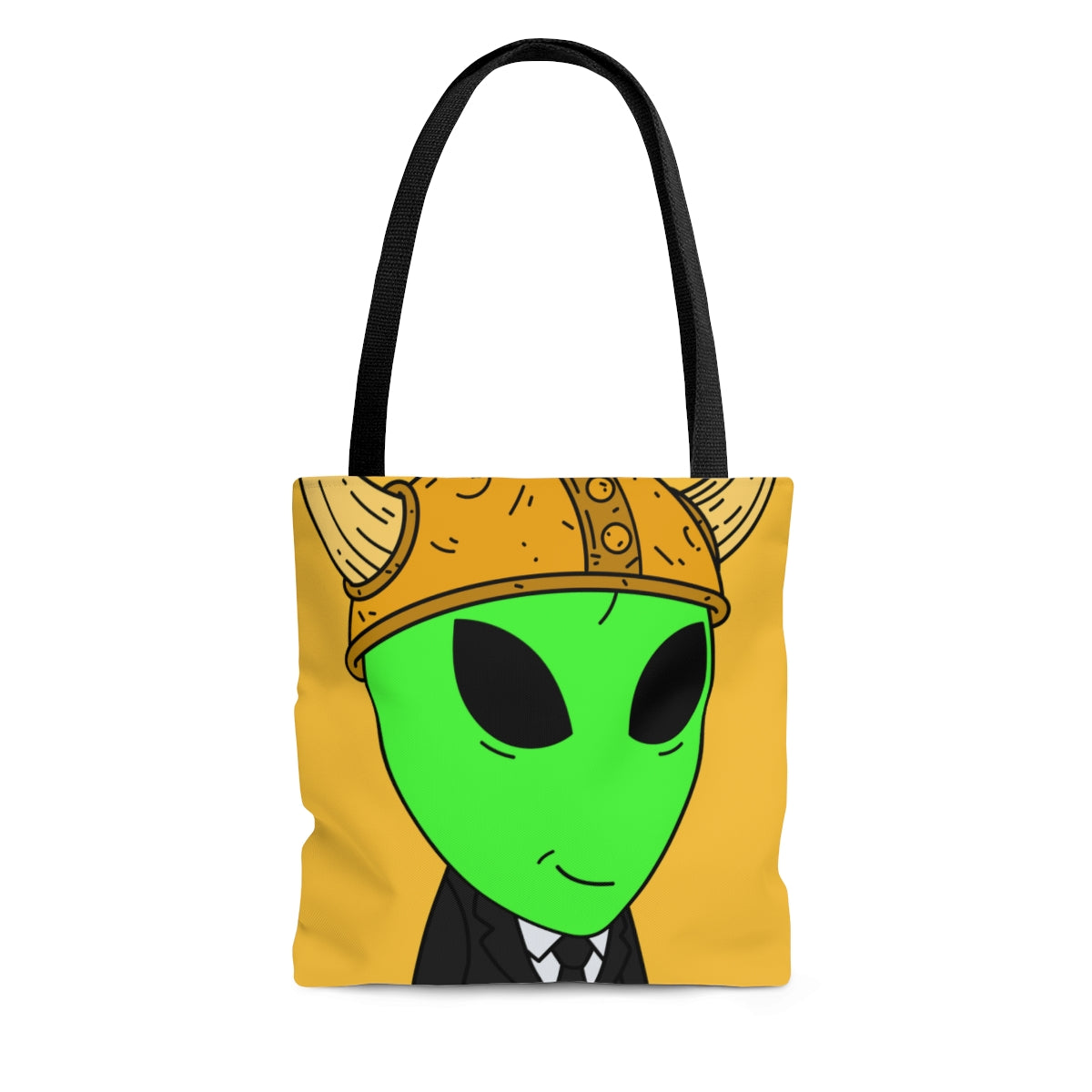 Green Smirk Face Alien Viking Helmet Black Business Suit Visitor AOP Tote Bag