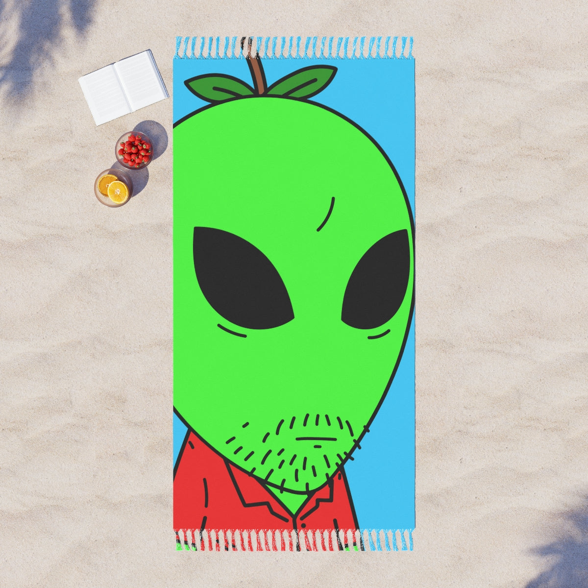 Green Apple Head Alien Unshaven Red Collar Shirt Visitor Boho Beach Cloth