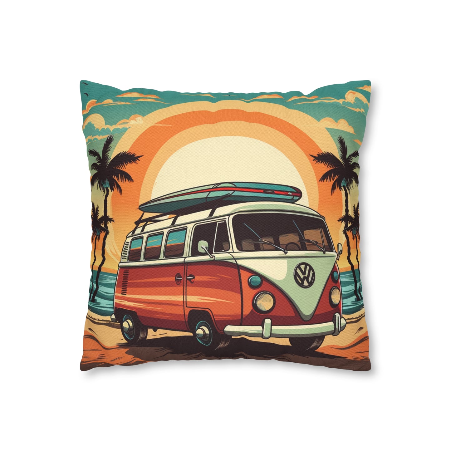 Retro Beach Camper Van - Sunset Surfboard Scene Spun Polyester Square Pillow Case