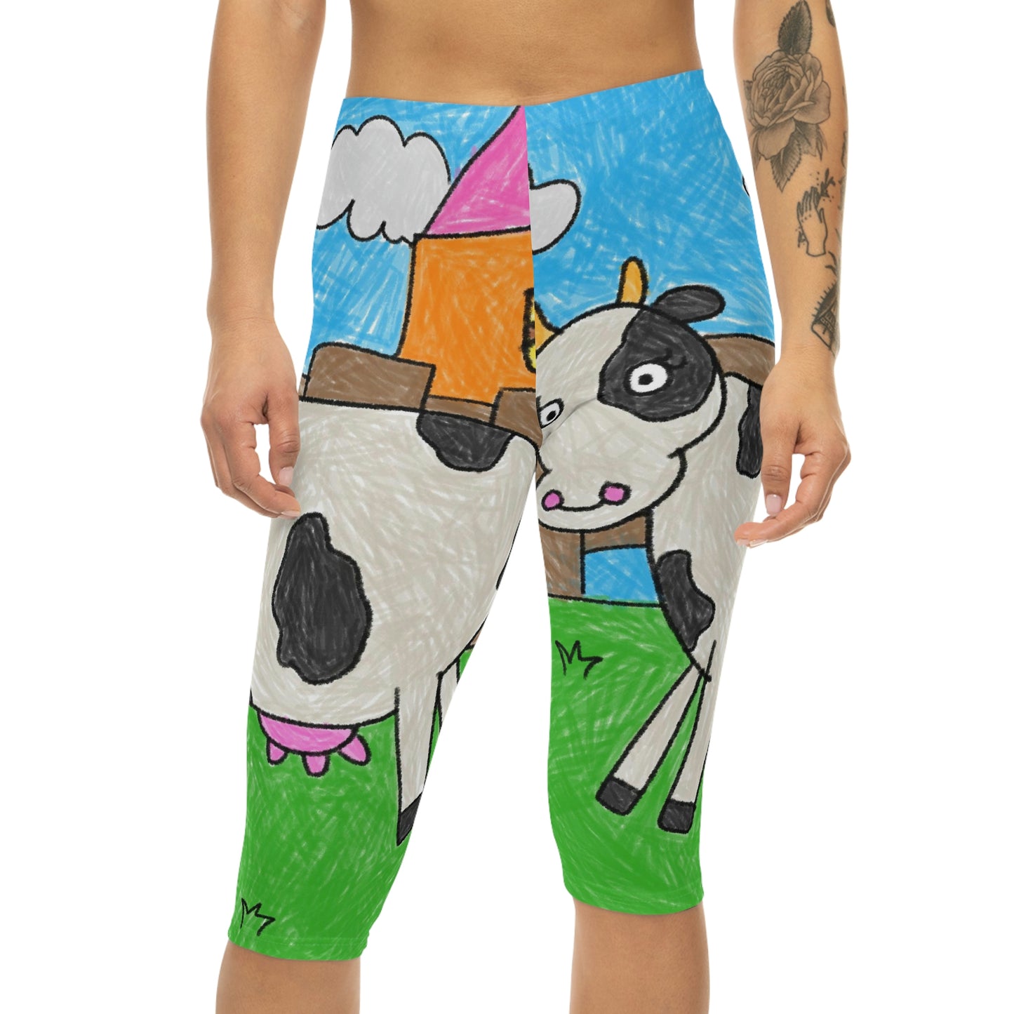 Leggings capri para mujer con personaje animal de granero de granja de vaca Moo (AOP) 