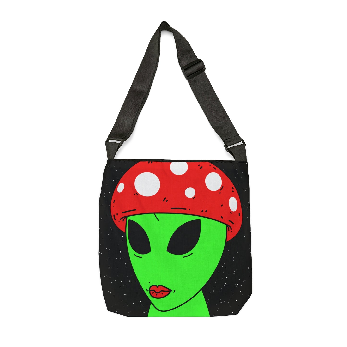 Mushroom Head Green Alien Visitor w/ Red Lips Adjustable Tote Bag (AOP)