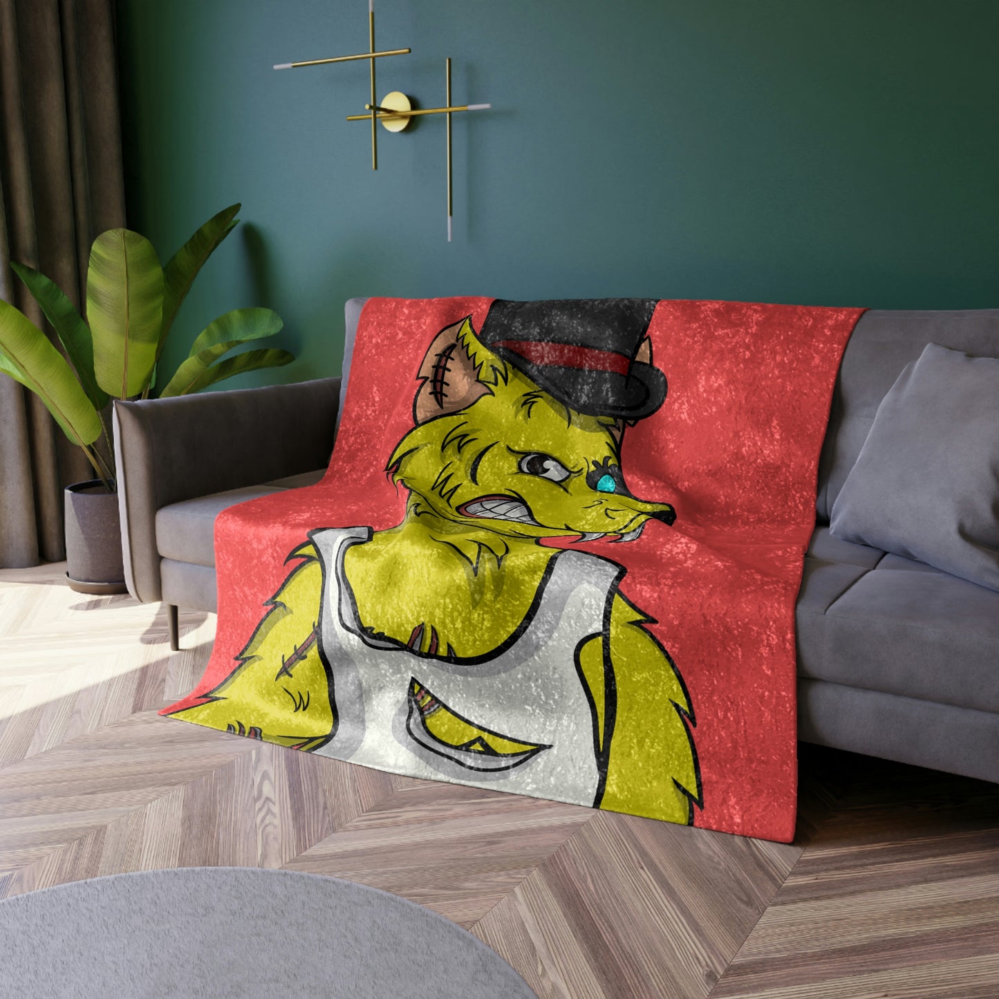 Top Hat Werewolve Cyborg Wolf Graphic Crushed Velvet Blanket