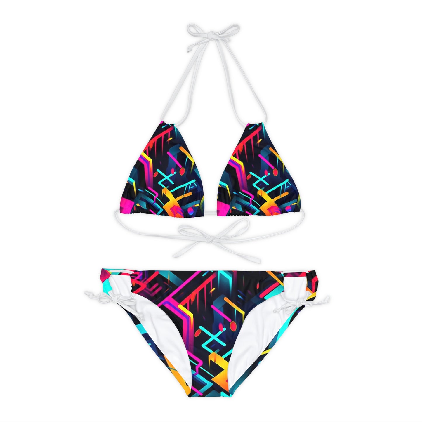 Vibrant Trendy Neon Abstract Geometric Pattern Design Strappy Bikini Set (AOP)