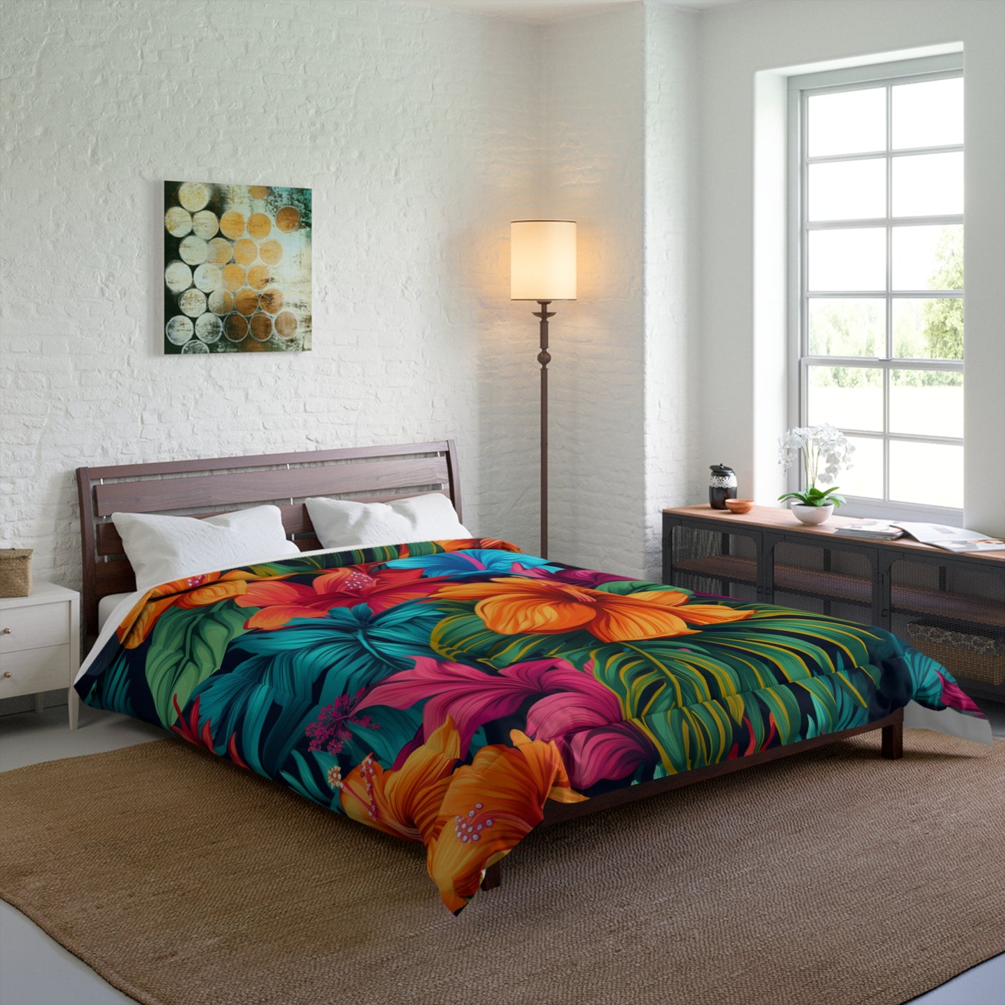 Vibrant Hawaiian-Inspired Tropical Floral Pattern Design Comforter