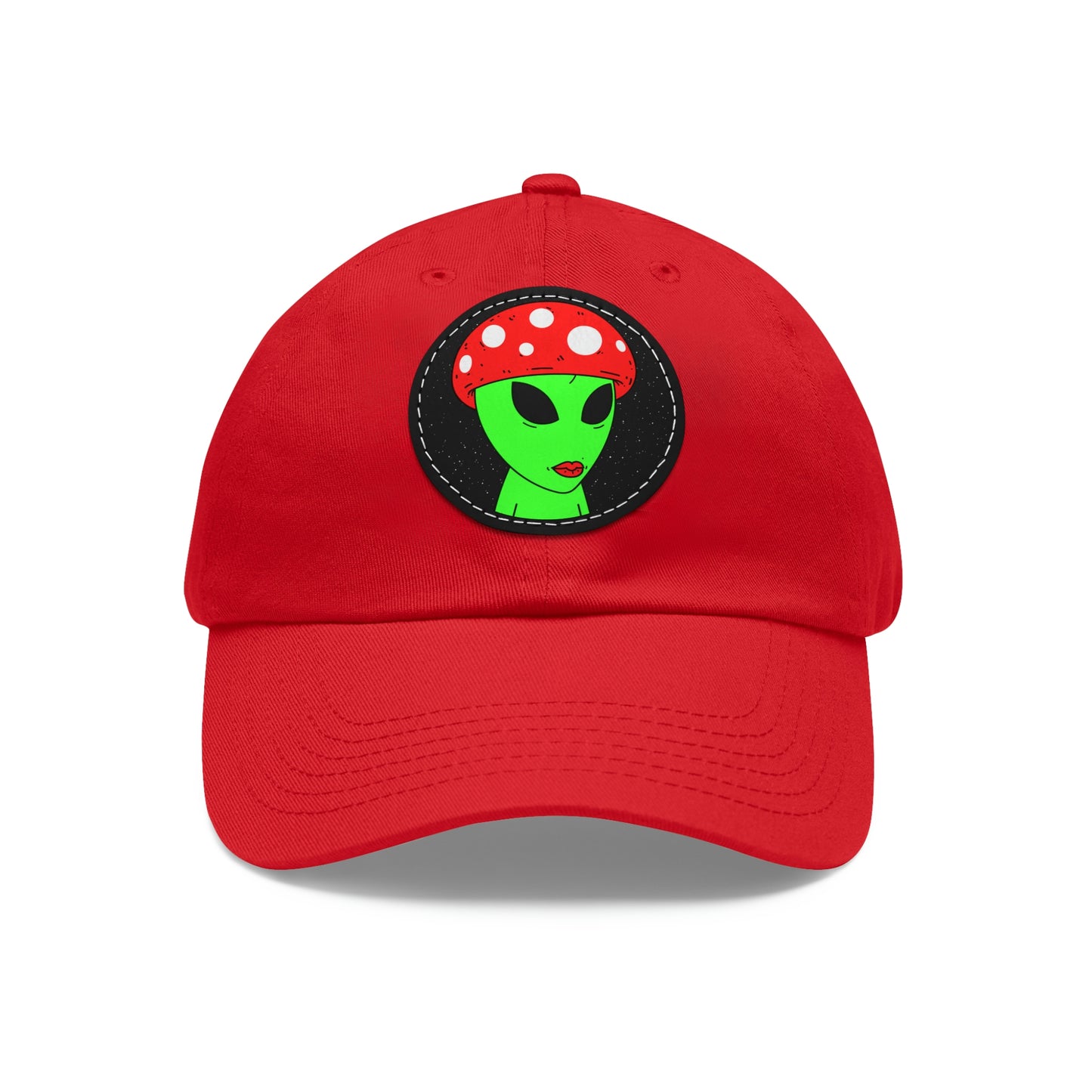 Mushroom Head Green Alien Visitor w/ Red Lips Dad Hat with Leather Patch (Round)