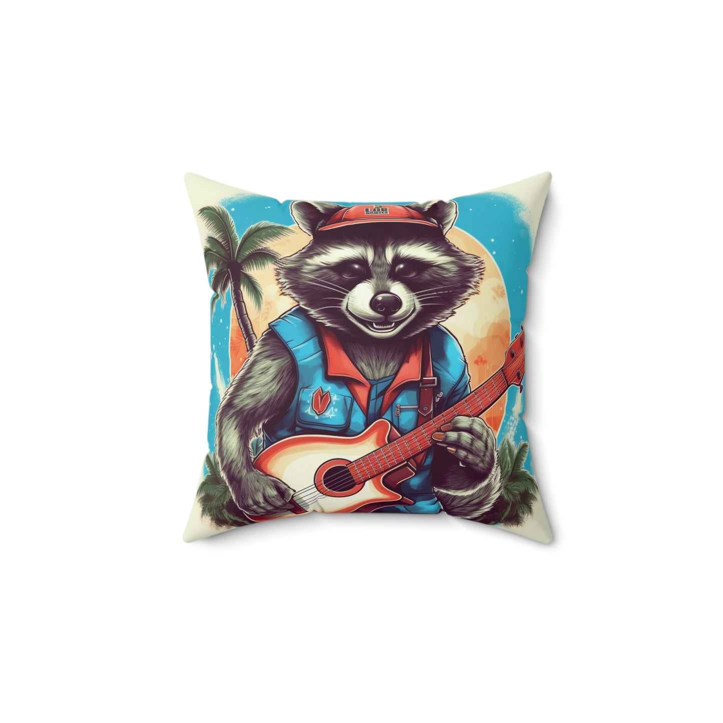 Ukulele Playing Raccoon - Furry Animal Music Island Art Spun Polyester Square Pillow