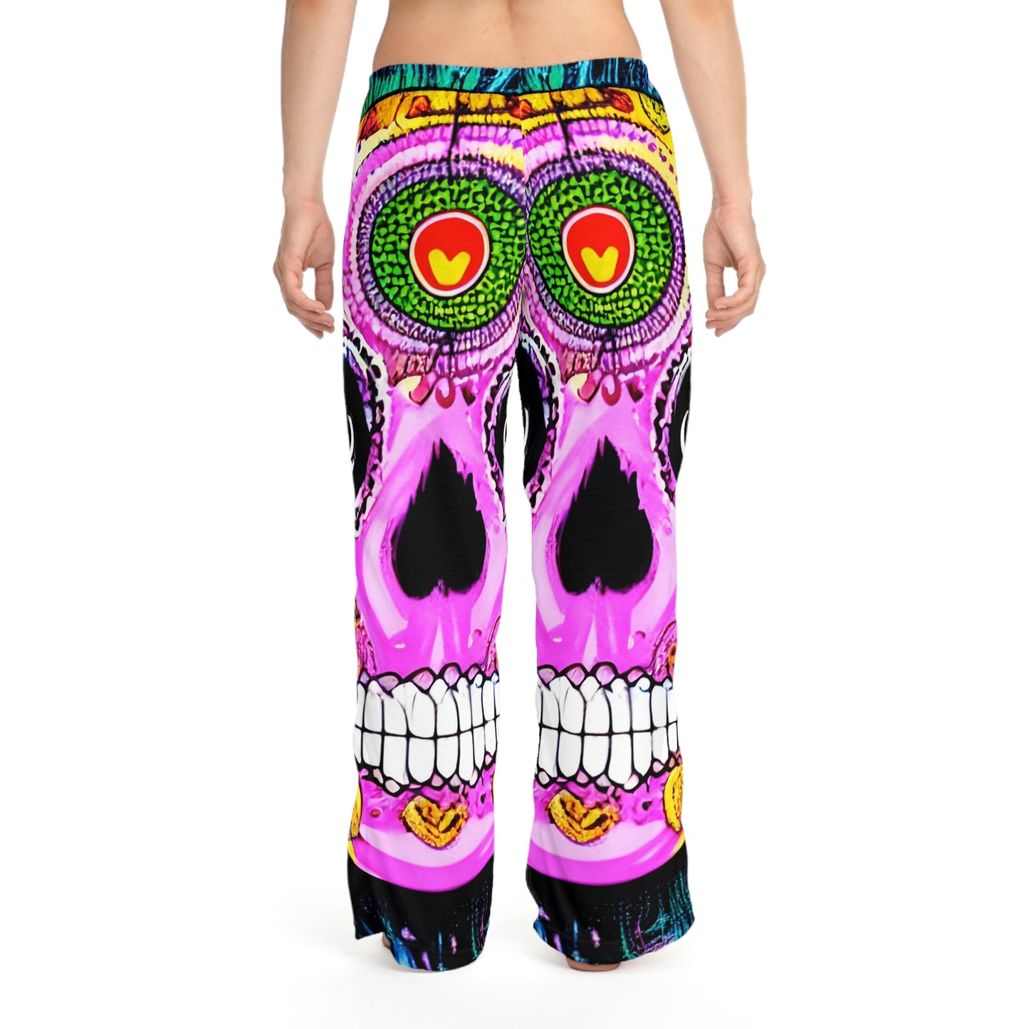 Pantalones de pijama para mujer con cara de esqueleto y calavera psicodélica trippy (AOP) 