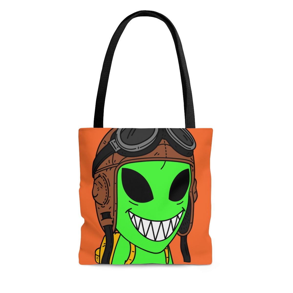 Aviator Flying Cap Green Alien Visitor Big Smile Teeth Yellow Backpack AOP Tote Bag