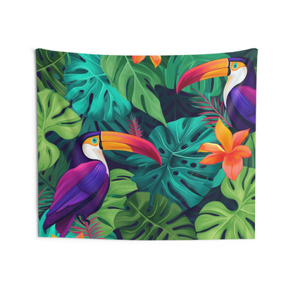 Vivid Tropical Birds & Leaves - Seamless Pattern Indoor Wall Tapestries