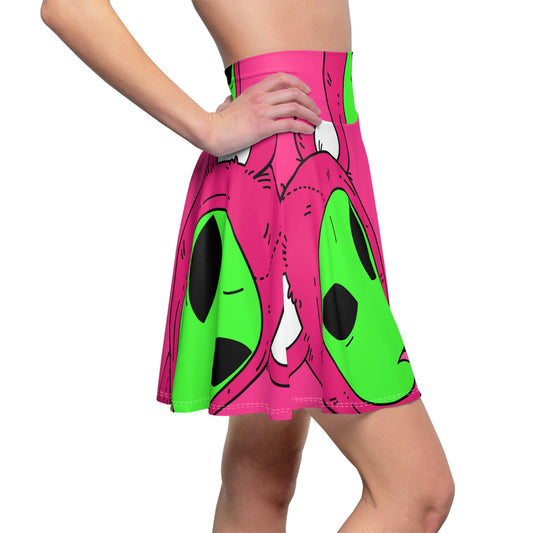 Falda skater para mujer, color rosa, oso, verde, paz, mano, lengua, visitante, extraterrestre 