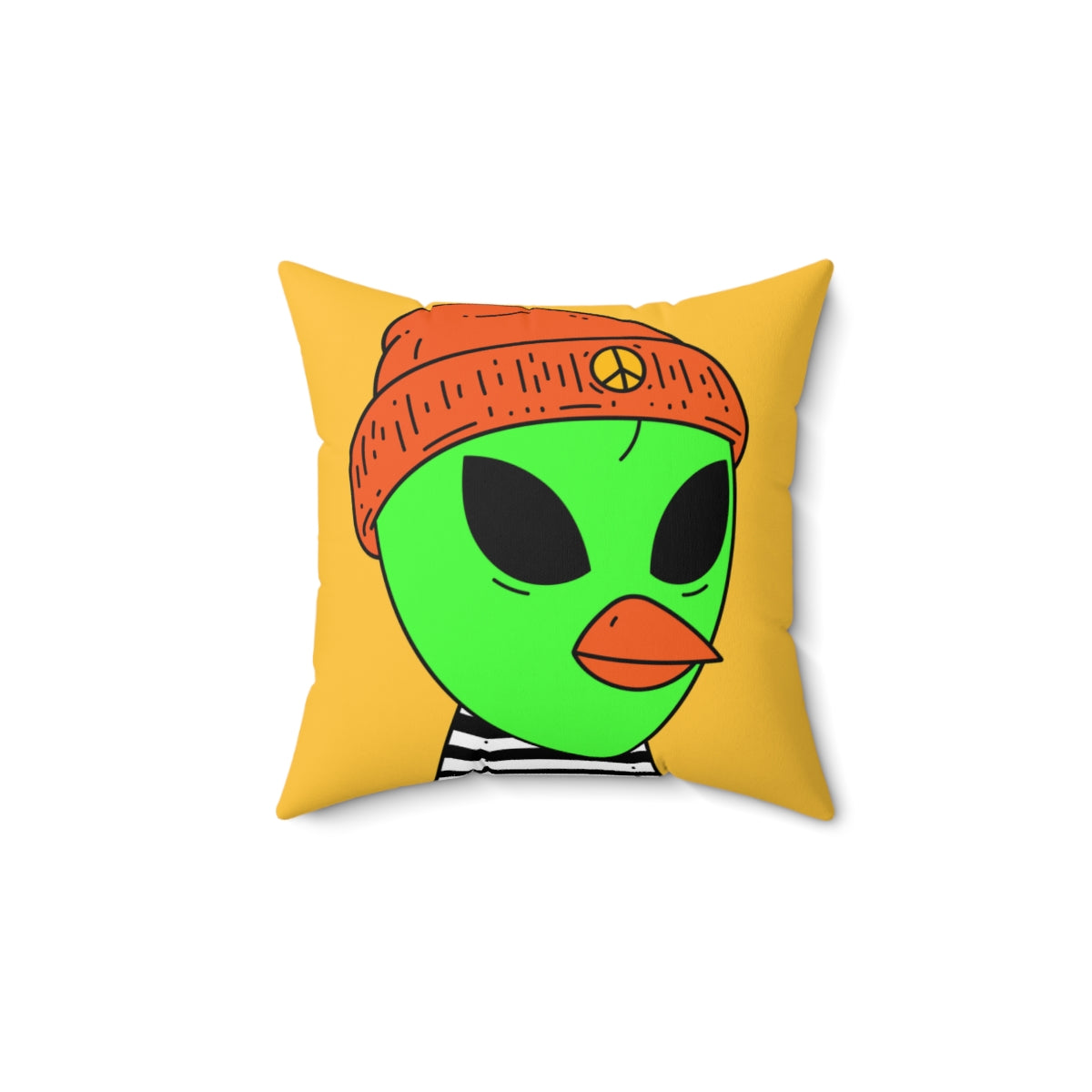 Burb Beak Green Alien Orange Peace Hat Black White Striped Shirt Spun Polyester Square Pillow