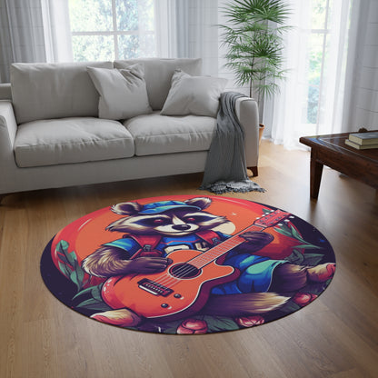 Acoustic Guitar Raccoon - Furry Animal Musician Decor Round Rug