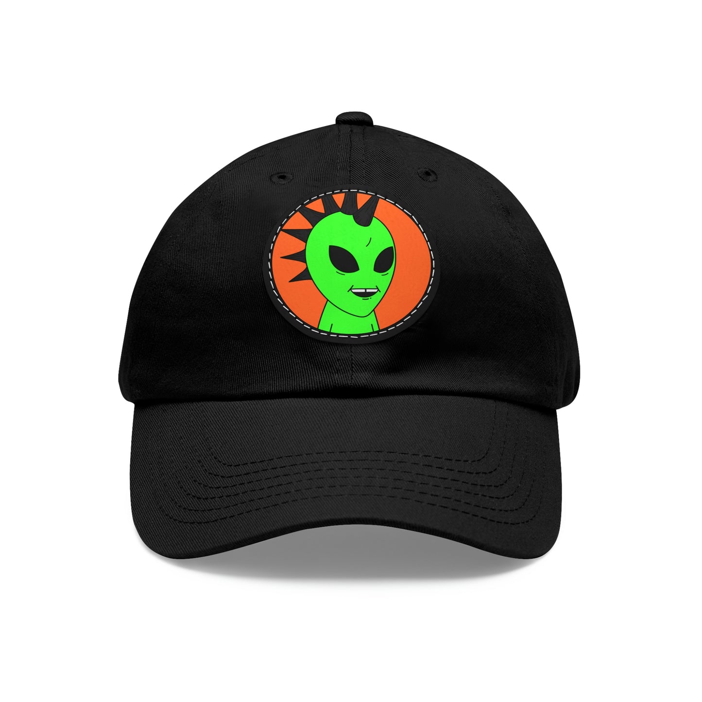 Black Hair Spiked Visitor Alien Dad Hat with Leather Patch (Round)