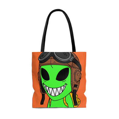 Aviator Flying Cap Green Alien Visitor Big Smile Teeth Yellow Backpack AOP Tote Bag