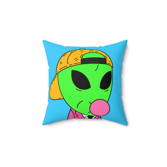 Pink Suit Bubble Gum Visitor Green Alien with Yellow Cap Spun Polyester Square Pillow