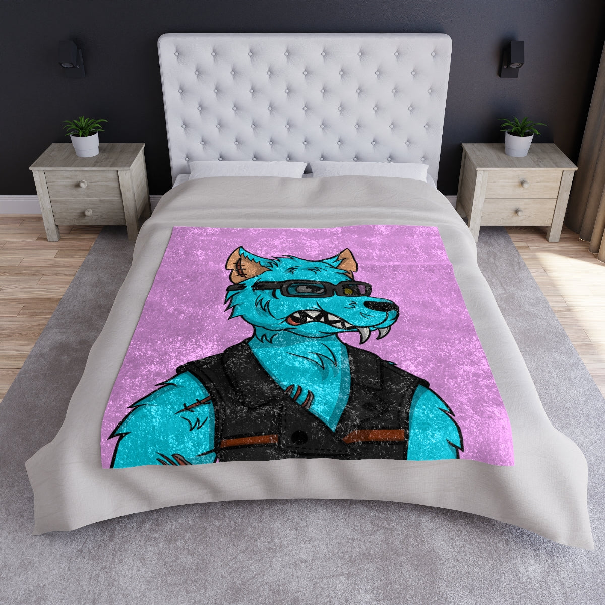 Wolf Light Blue Fur Cyborg Glasses Sharp Teeth Button Vest Crushed Velvet Blanket