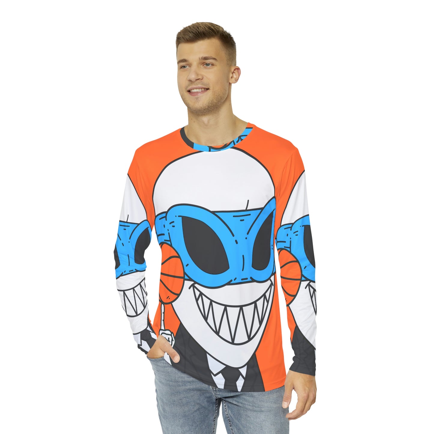 Alien BBall Sport Ninja Game Player Orange Basketball Men's Long Sleeve AOP Shirt