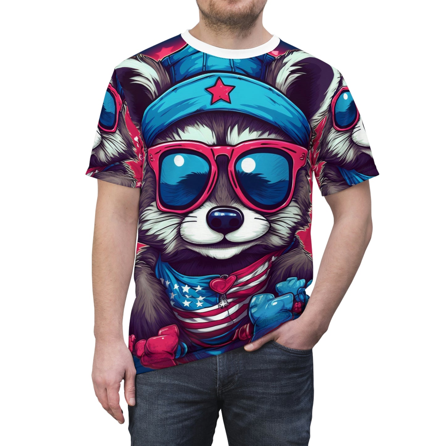 Cute Furry Raccoon Animal USA Flag Style Unisex Cut & Sew Tee (AOP)