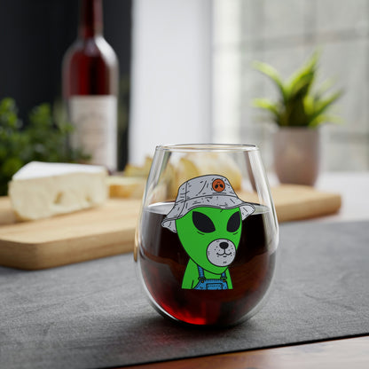 Green Dog Face Visitor Alien Hat Farmer Trousers Stemless Wine Glass, 11.75oz