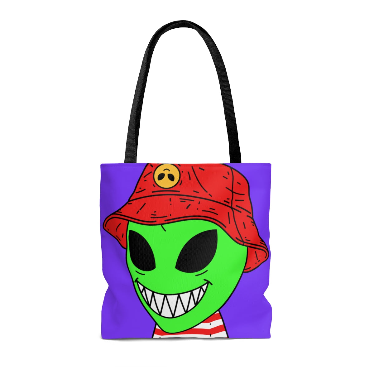 Alien Character Cartoon Red Hat Striped Shirt Big Smile AOP Tote Bag