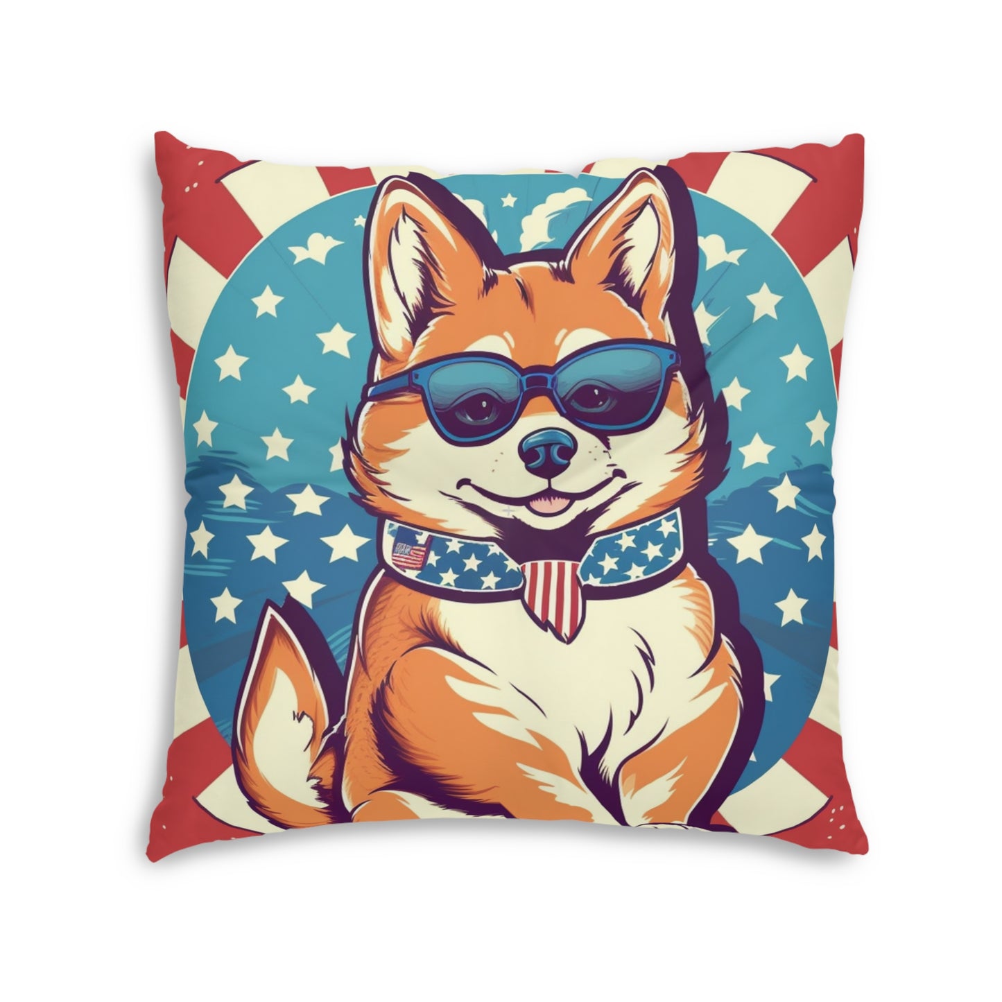 Patriotic Shiba Inu Retro Cartoon -Synthwave Summer Animation Tufted Floor Pillow, Square