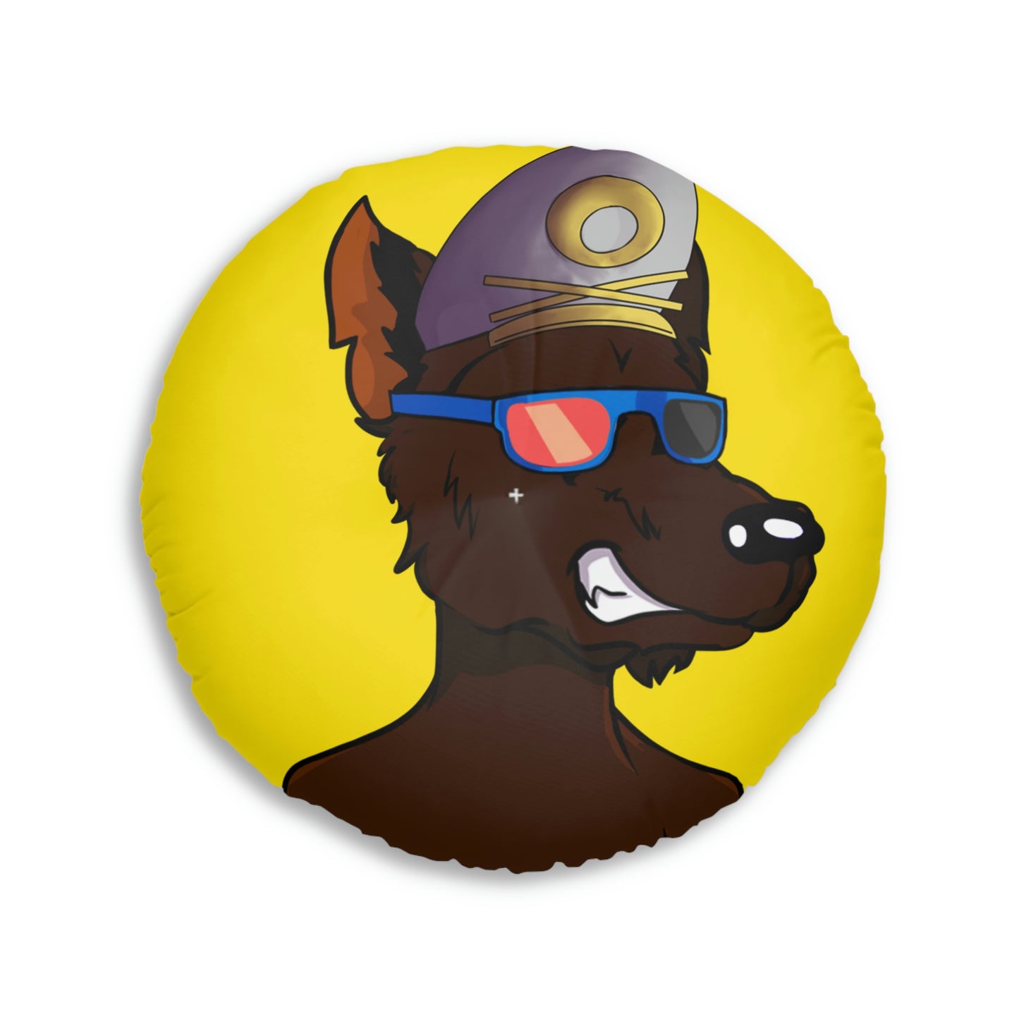 Wolf Cyborg Sailor Hat Shirtless Sunglasses Brown Fur Tufted Floor Pillow, Round