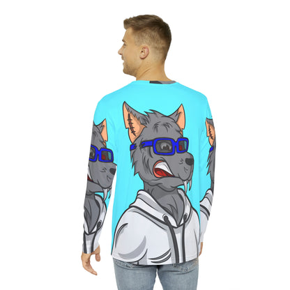 Wolf Grey Blue Cyborg Glasses White Sweatshirt Hoodie Men's Long Sleeve AOP Shirt