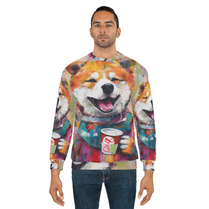 Arte estilo graffiti Shiba Inu bebiendo café: sudadera unisex de diseño colorido, feliz y post-apocalíptico (AOP) 