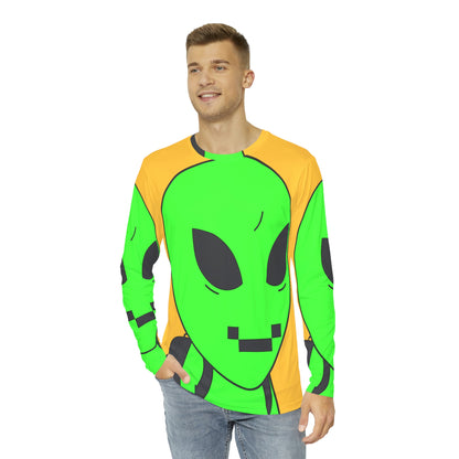 Green Alien Visitor Digital Face Black Backpack Men's Long Sleeve AOP Shirt