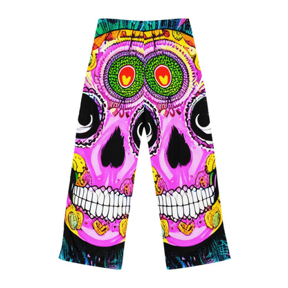 Pantalones de pijama para mujer con cara de esqueleto y calavera psicodélica trippy (AOP) 