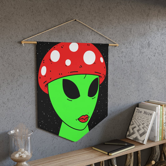 Mushroom Head Green Alien Visitor w/ Red Lips Pennant