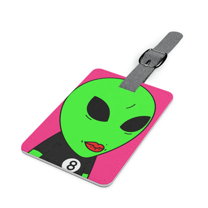 8 Ball Green Alien Lipstick Visitor Pool Player Game Saffiano Polyester Luggage Tag, Rectangle