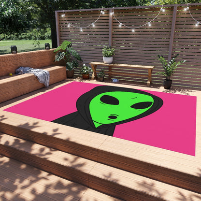 The Visitor Green Alien Black Hoodie Pink Background Outdoor Rug