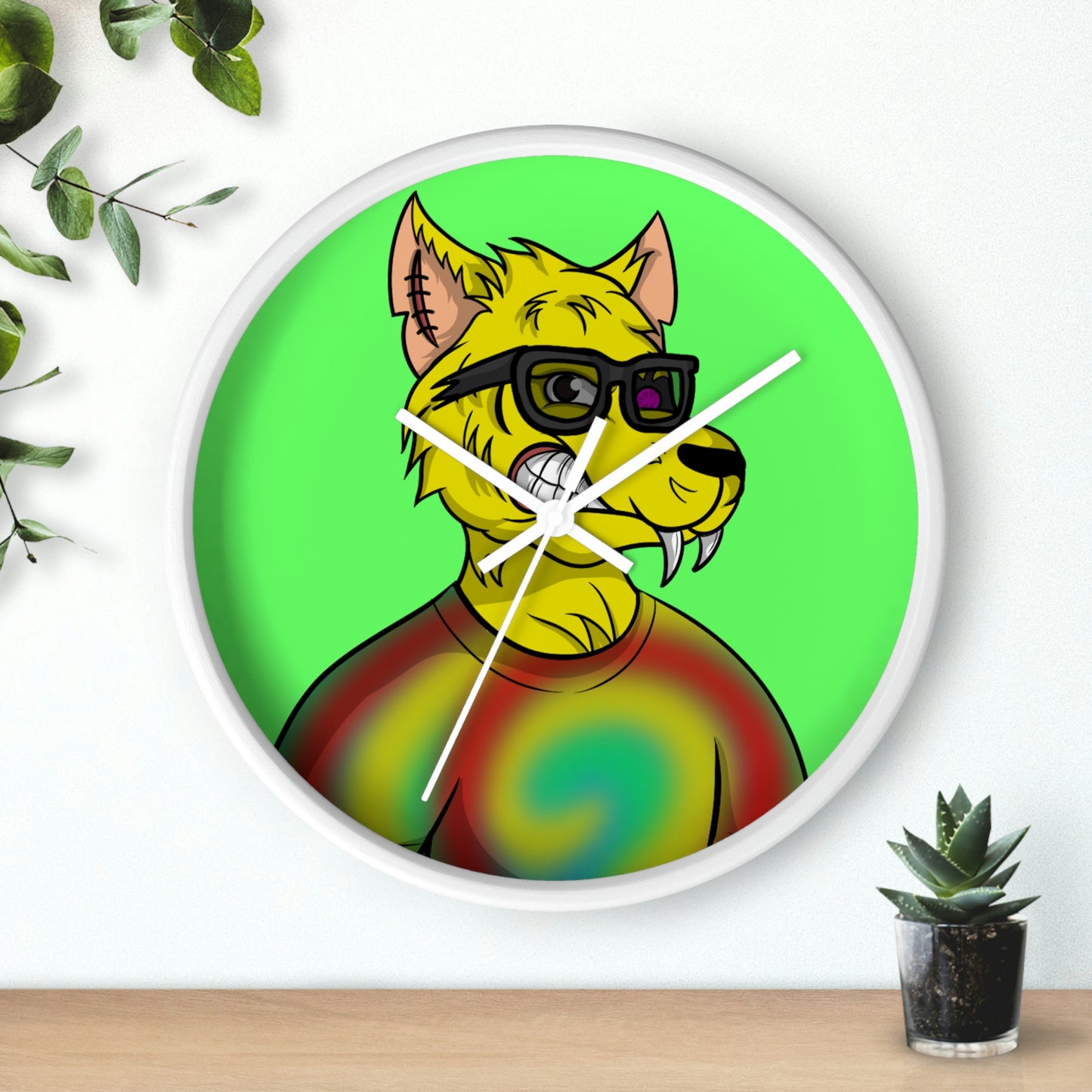 Wolve Cyborg Tie Dye Wolf Shirt Yellow Fur Cool Sun Glasses Wall clock