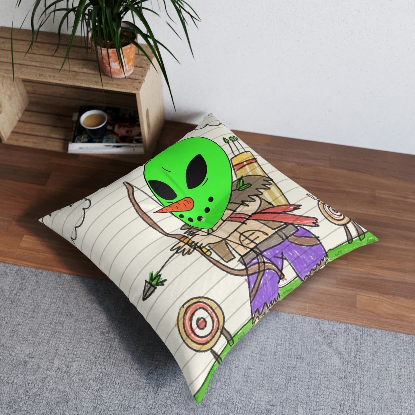 Marksman Archer Veggie Visi Vegetable Visitor Alien Arrow Tufted Floor Pillow, Square