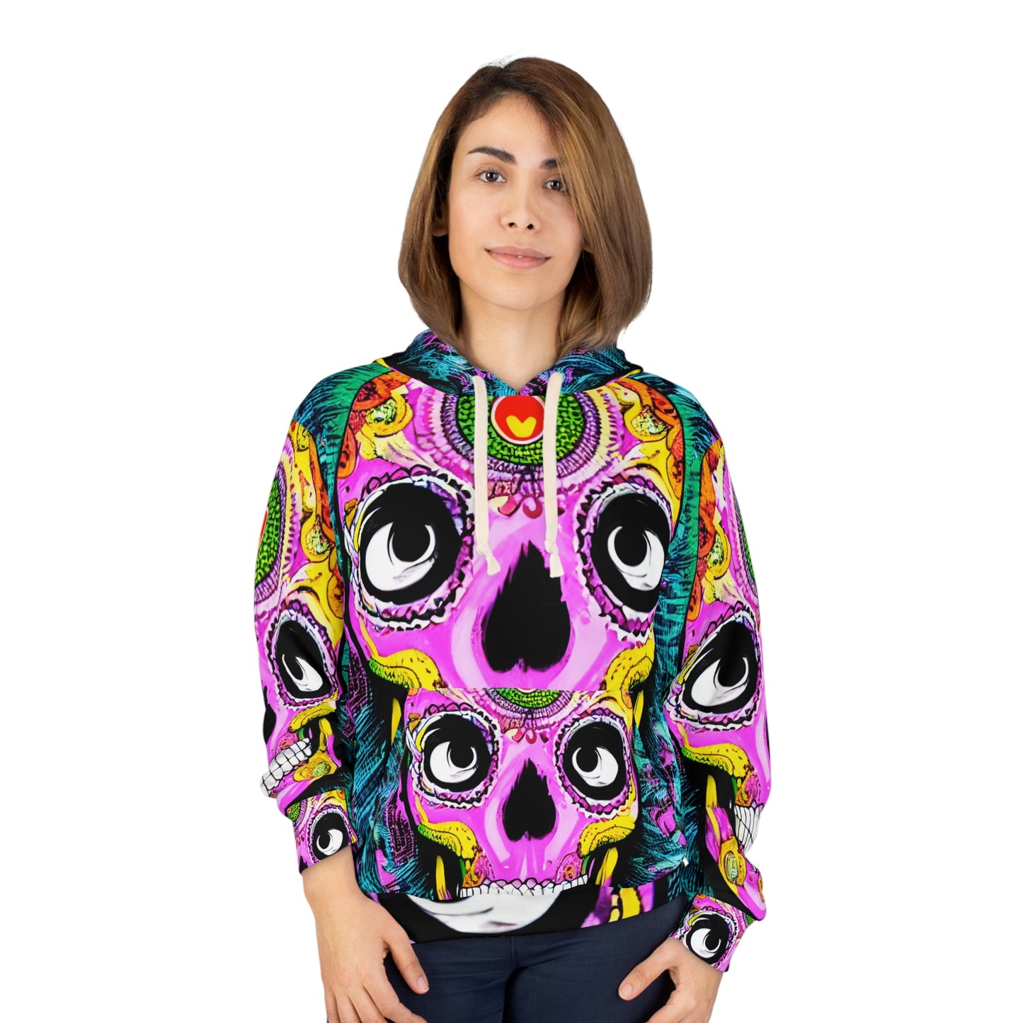 Trippy psicodélico cráneo esqueleto cabeza cara AOP unisex sudadera con capucha 