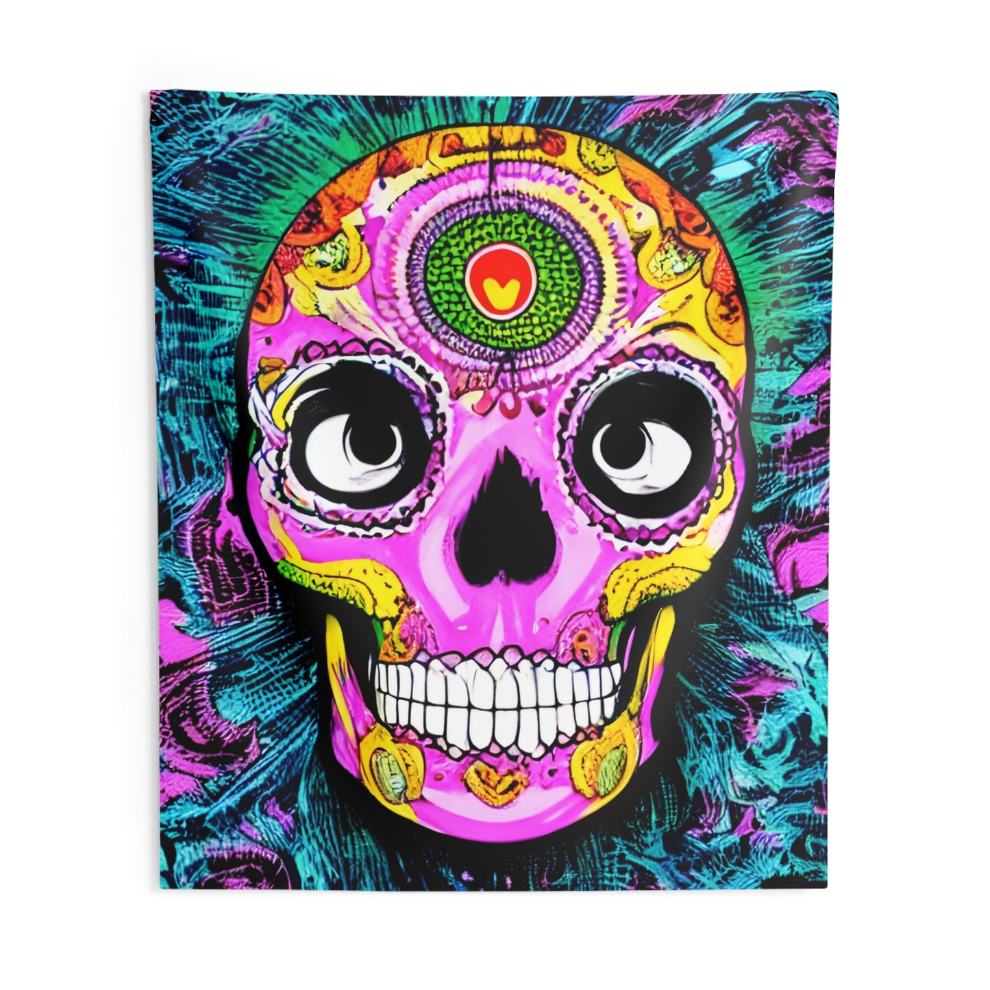 Tela decorativa para pared interior Cara de cabeza de esqueleto de calavera psicodélica trippy 