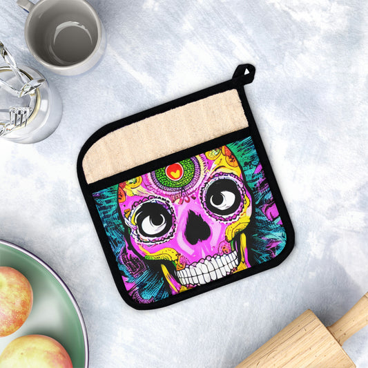 Trippy psychedelic Skull Skeleton Head Face Pot Holder with Pocket