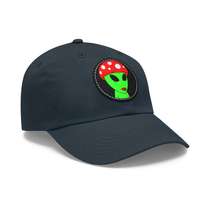 Mushroom Head Green Alien Visitor w/ Red Lips Dad Hat with Leather Patch (Round)