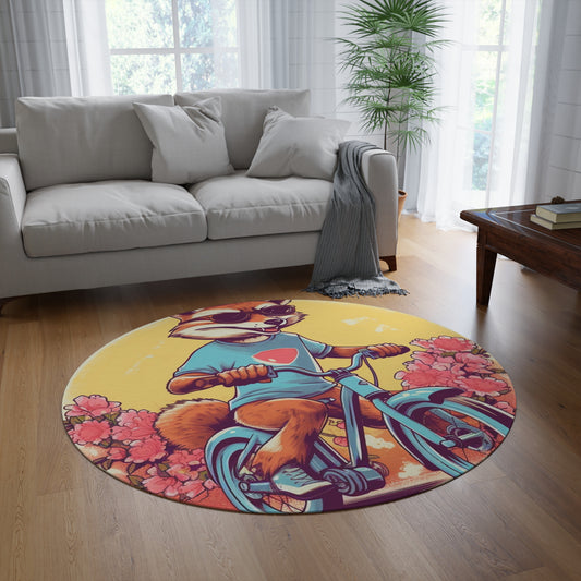 Fox Riding Bike Cartoon Anime Culture Graphic Round Rug