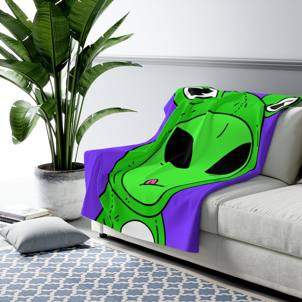 Green Kek Frog Alien Space Character Cartoon Pink Tongue Visitor Sherpa Fleece Blanket