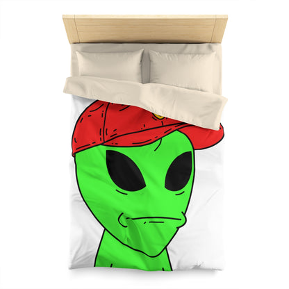 Green Visitor Alien Large Face Red V Hat Microfiber Duvet Cover