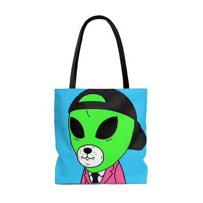 White Bear Dog Face Pink Suit Green Alien Visitor Black Cap AOP Tote Bag