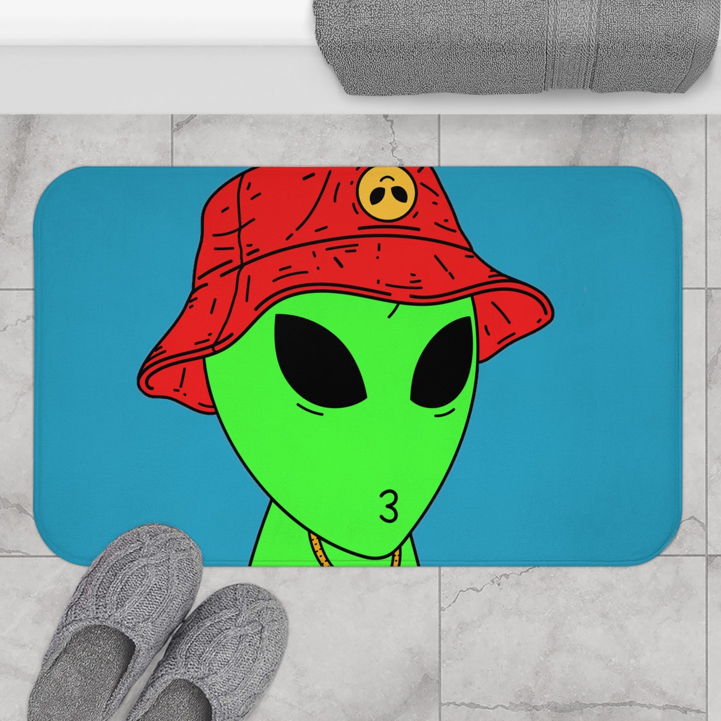 The Visitors Green Alien Kiss Face Gold Chain Red Hat Bath Mat Bath Mat