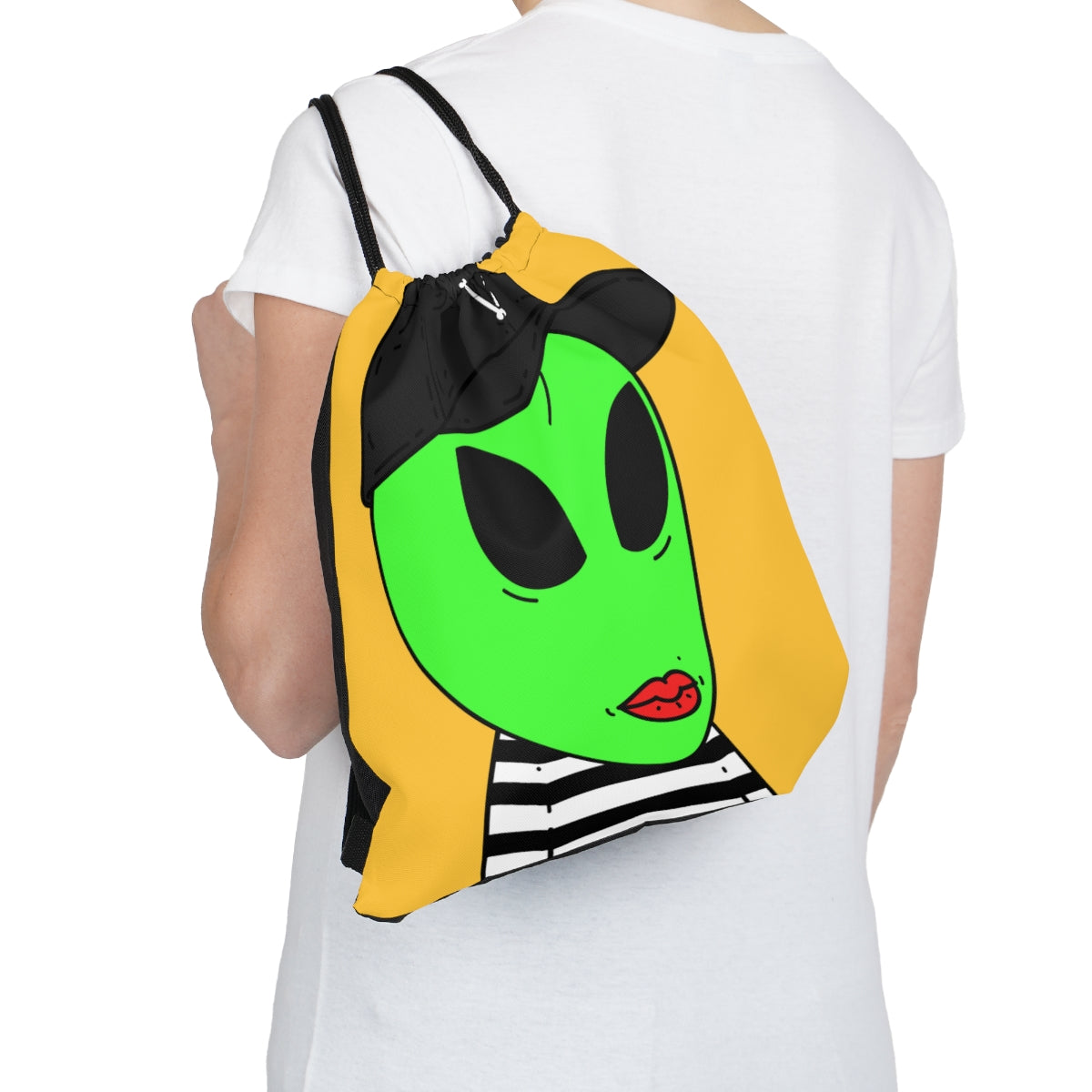 Black Striped Shirt Visitor Green Alien Black Cap V Lipstick Outdoor Drawstring Bag