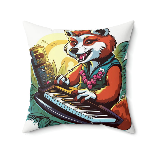 Almohada cuadrada de poliéster hilado con gráfico de piano y música de teclado de Panda rojo 