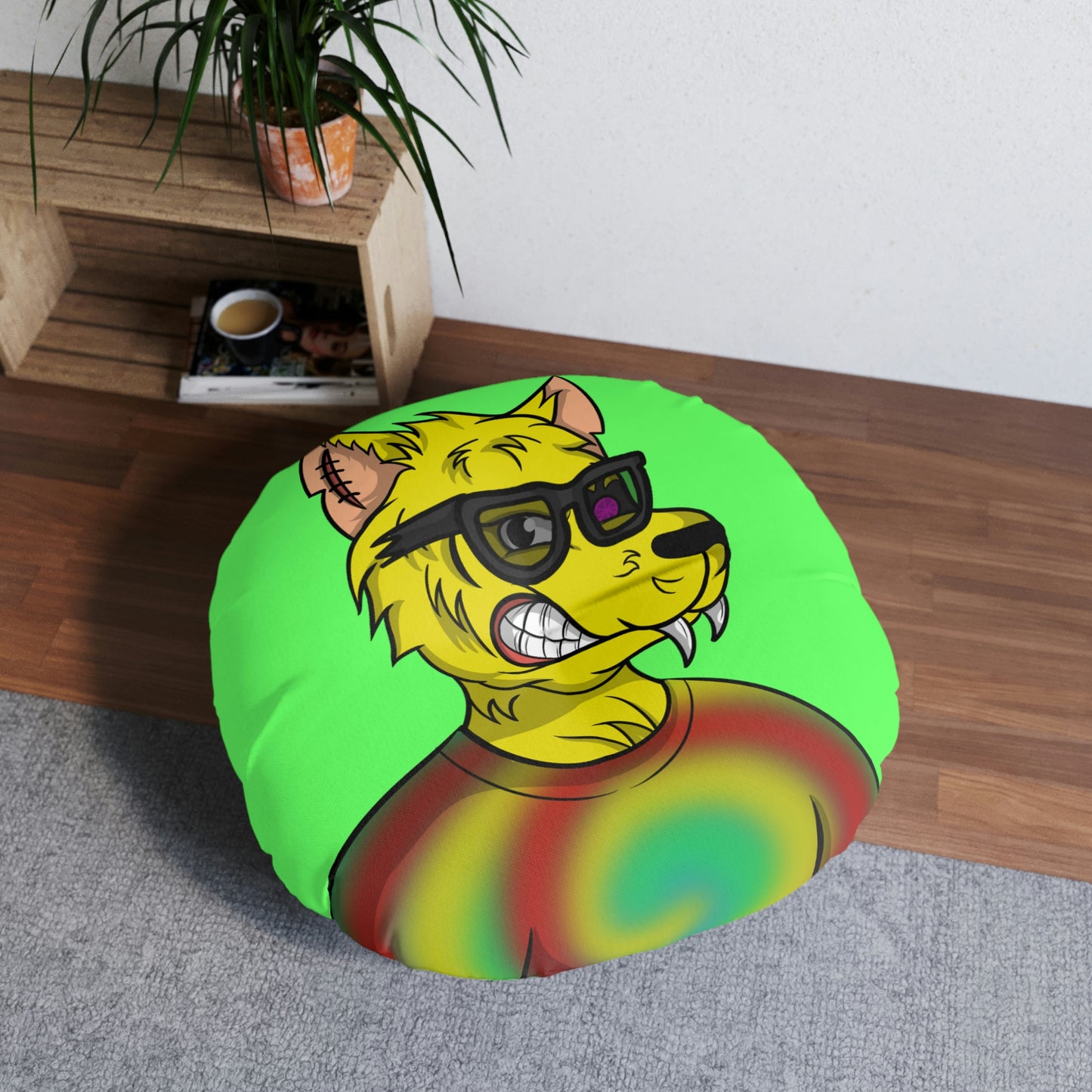 Wolve Cyborg Tie Dye Wolf Shirt Yellow Fur Cool Sun Glasses Tufted Floor Pillow, Round