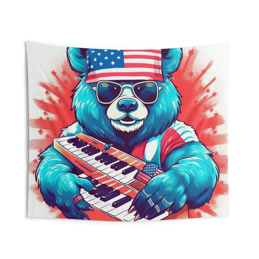 Keys of Patriotism: Piano Player Patriotic Bear's 4th of July Musical Celebration Indoor Wall Tapestries