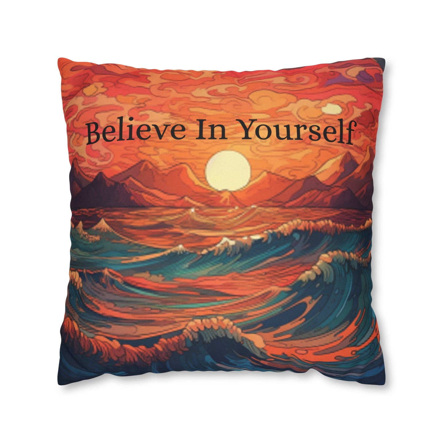 Inspirational 'Believe in Yourself' - Sunrise Ocean Art Spun Polyester Square Pillow Case