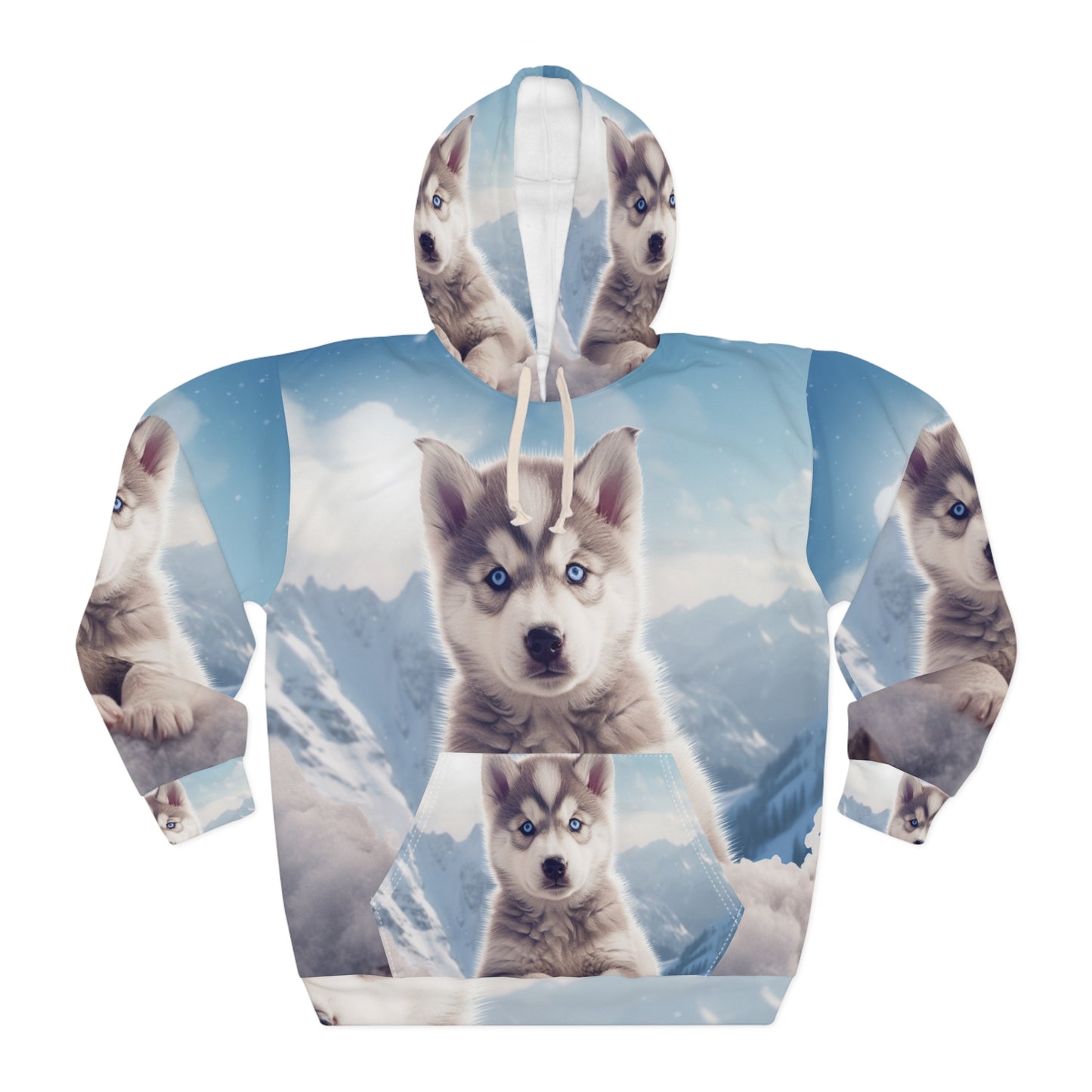 Husky Puppy Winter Wonder - Sudadera con capucha unisex con fondo de montaña nevada (AOP) 